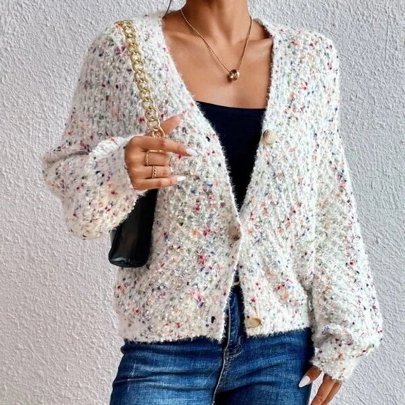 multi color soft Popcorn Drop Shoulder button down knit Sweater Cardigan - Picture 3 of 6